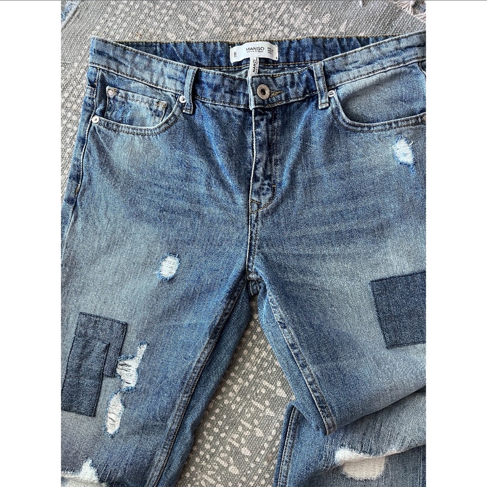 Mango Premium Patchwork Denim Nancy Relaxed Cropped Distressed Jeans Rivets 4